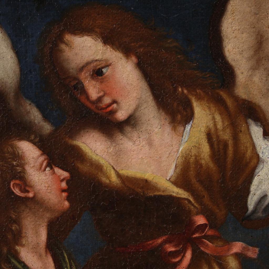 17th Century Oil on Canvas Italian Religious Painting Tobias and the Angel, 1670 in vendita 9