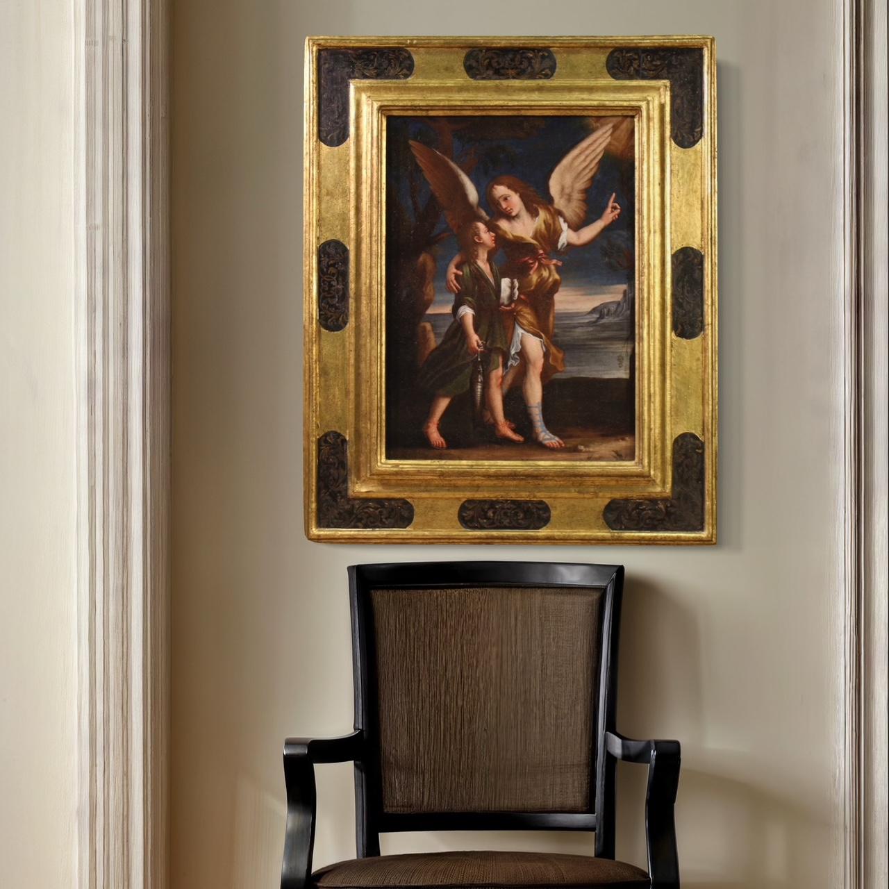 17th Century Oil on Canvas Italian Religious Painting Tobias and the Angel, 1670 in vendita 11
