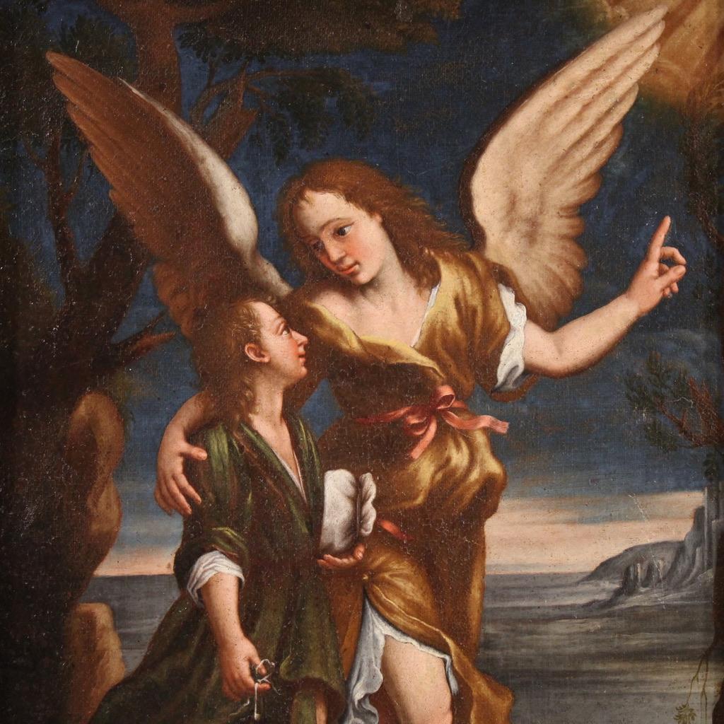 Splendid religious painting from the second half of the 17th century. Oil on canvas artwork depicting a subject dear to pilgrims, Tobias and the angel. Having set out to collect a debt on the orders of his father, he was guided and helped by the