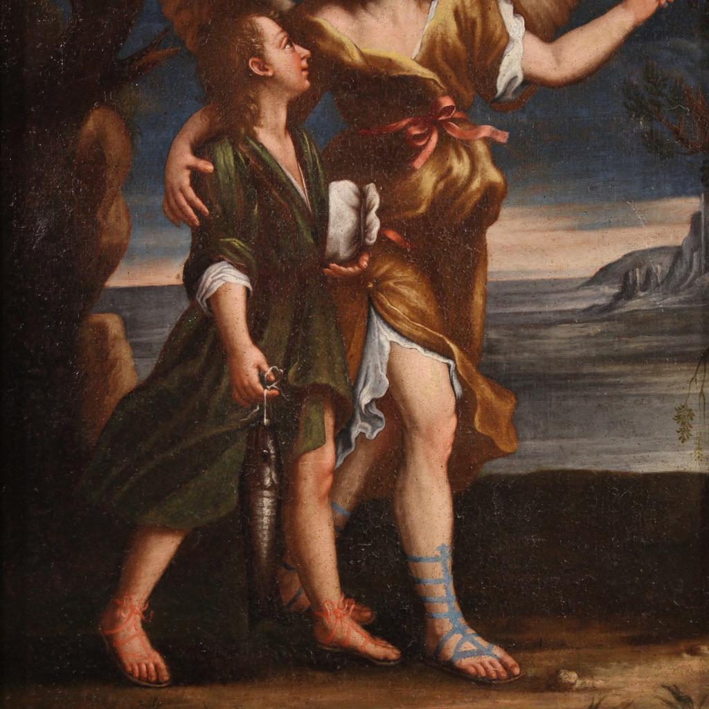 17th Century Oil on Canvas Italian Religious Painting Tobias and the Angel, 1670 in vendita 1