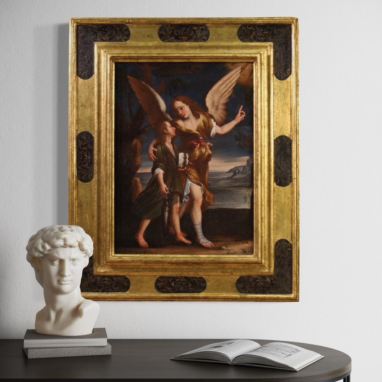 17th Century Oil on Canvas Italian Religious Painting Tobias and the Angel, 1670 in vendita 2