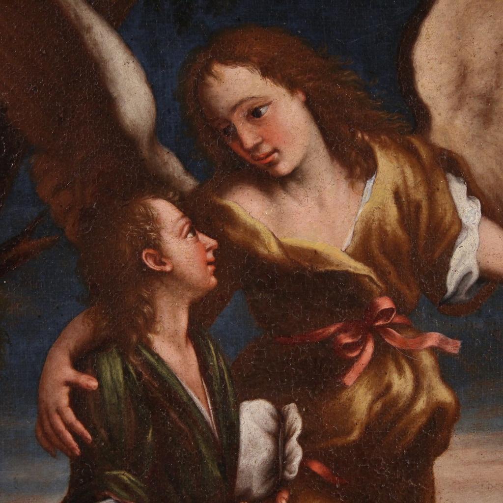 17th Century Oil on Canvas Italian Religious Painting Tobias and the Angel, 1670 in vendita 3