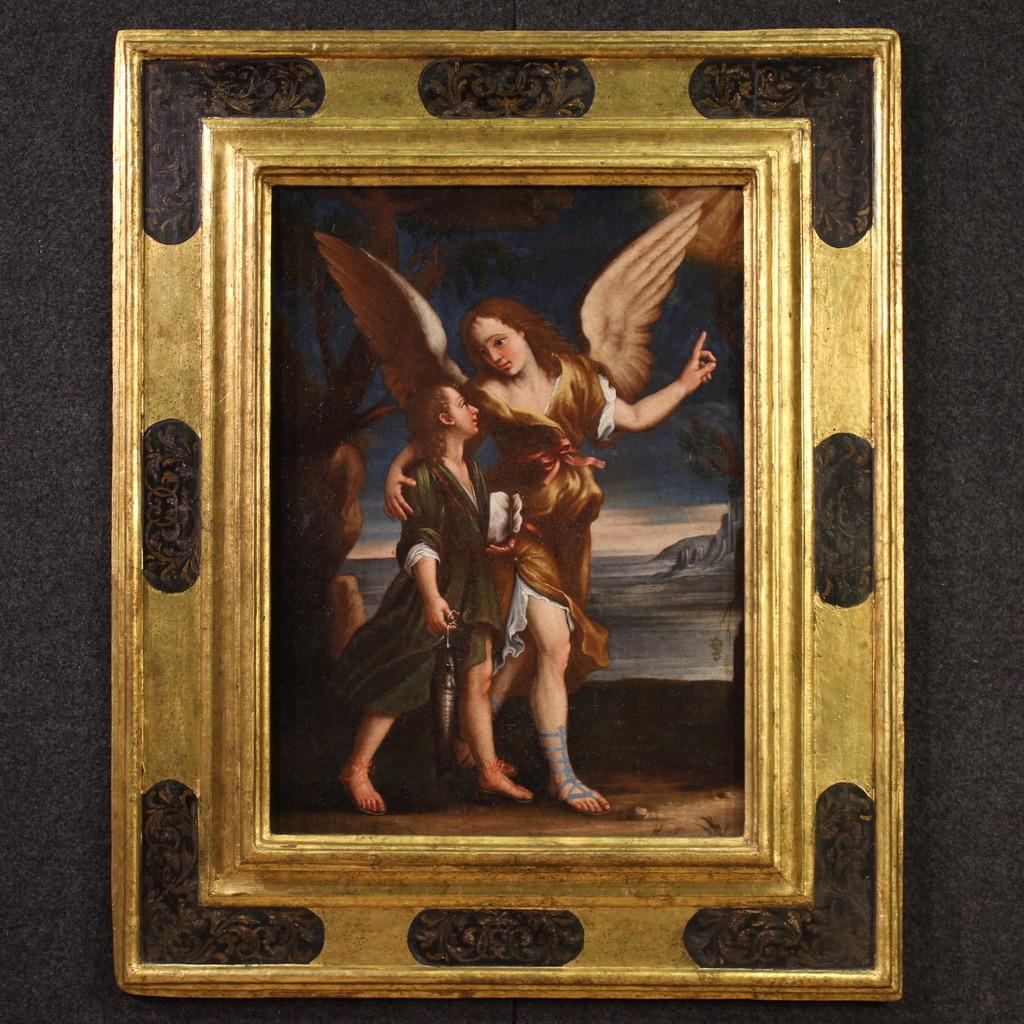 Figurative Painting di Unknown - 17th Century Oil on Canvas Italian Religious Painting Tobias and the Angel, 1670