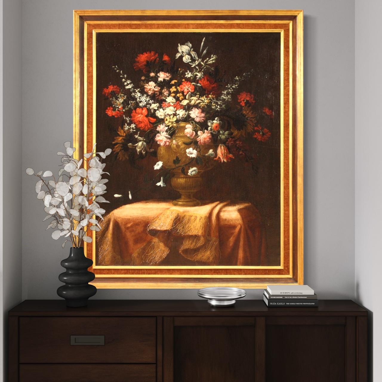 huile sur toile du 17e siècle Nature morte italienne Vase avec fleurs, 1680 - Brown Still-Life Painting par Unknown