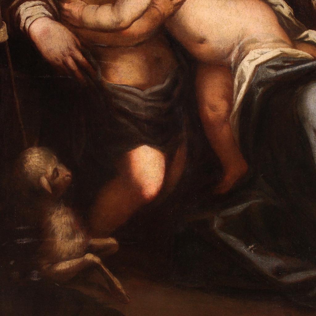 17. Jahrhundert Öl auf Leinwand Gemälde Heilige Familie mit dem Säugling Sankt Johannes im Angebot 7