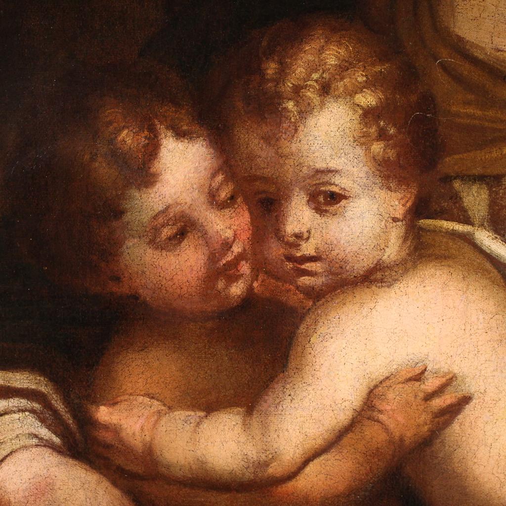 17. Jahrhundert Öl auf Leinwand Gemälde Heilige Familie mit dem Säugling Sankt Johannes im Angebot 11