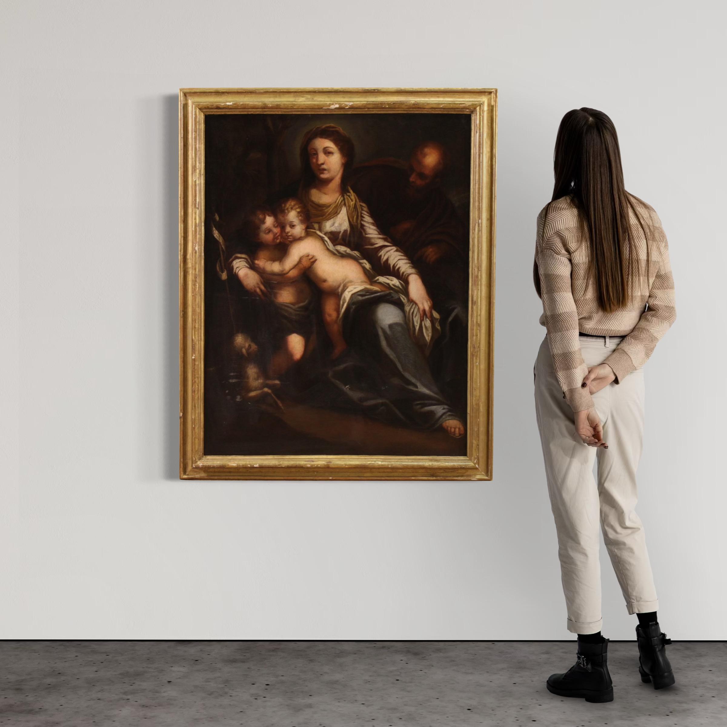 17. Jahrhundert Öl auf Leinwand Gemälde Heilige Familie mit dem Säugling Sankt Johannes – Painting von Unknown