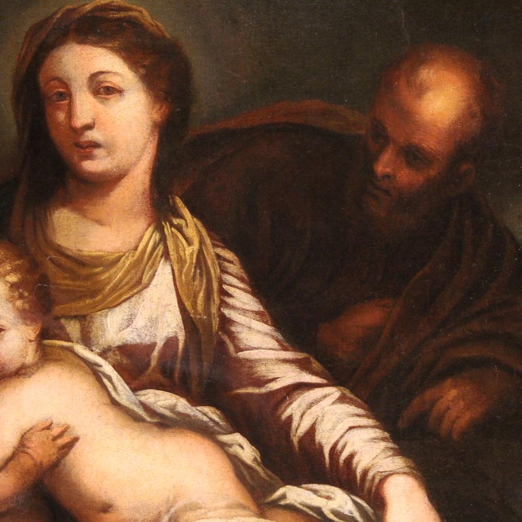 17. Jahrhundert Öl auf Leinwand Gemälde Heilige Familie mit dem Säugling Sankt Johannes im Angebot 3
