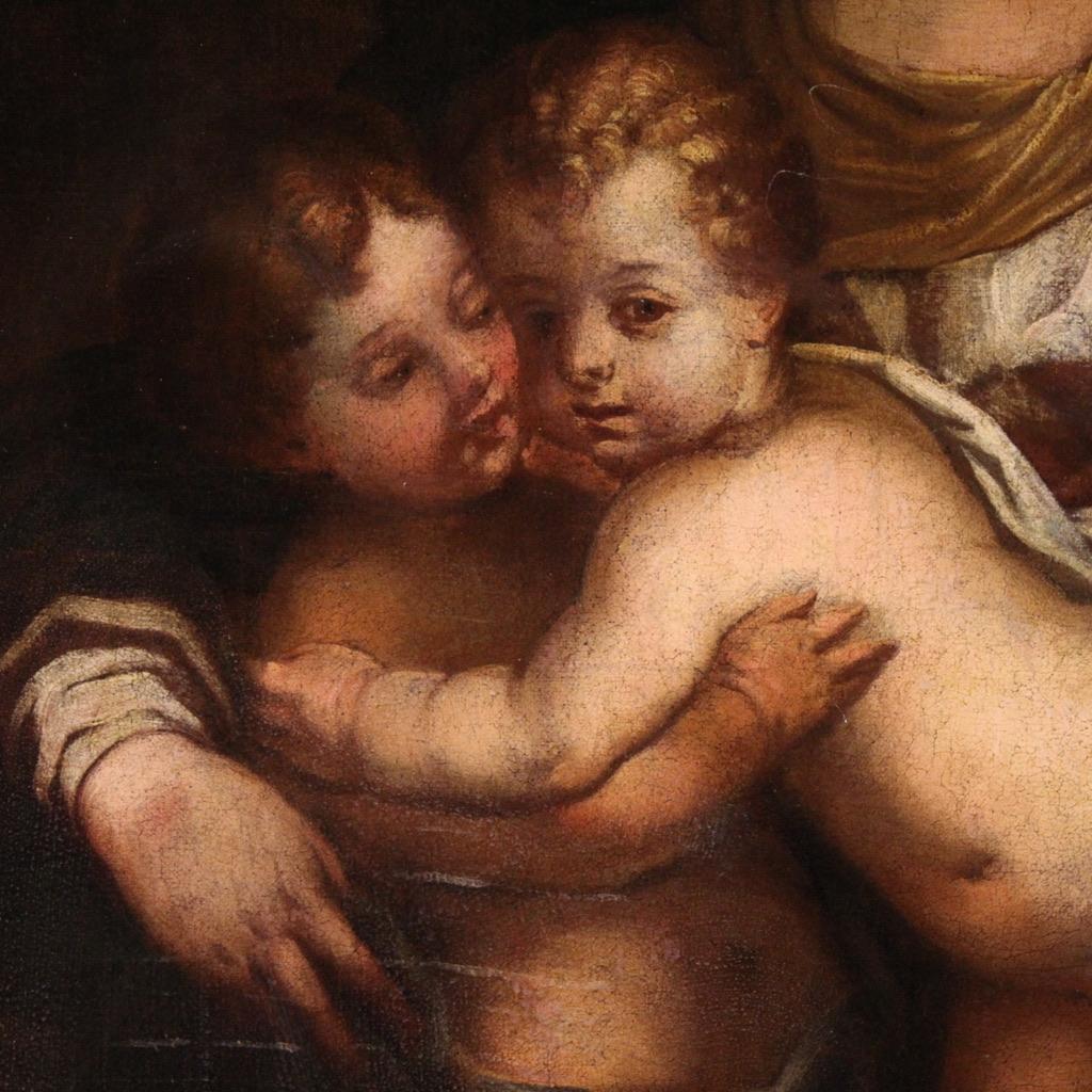 17. Jahrhundert Öl auf Leinwand Gemälde Heilige Familie mit dem Säugling Sankt Johannes im Angebot 5