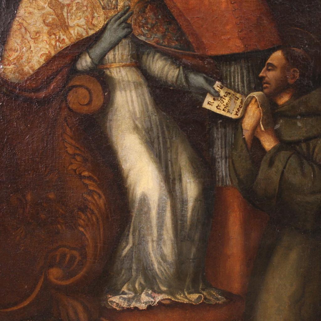 Grande peinture espagnole de la seconde moitié du XVIIe siècle. Huile sur toile représentant un sujet religieux, le pape Innocent III confirme la règle franciscaine, de bonne qualité picturale. Une peinture de grande taille et d'un grand impact,