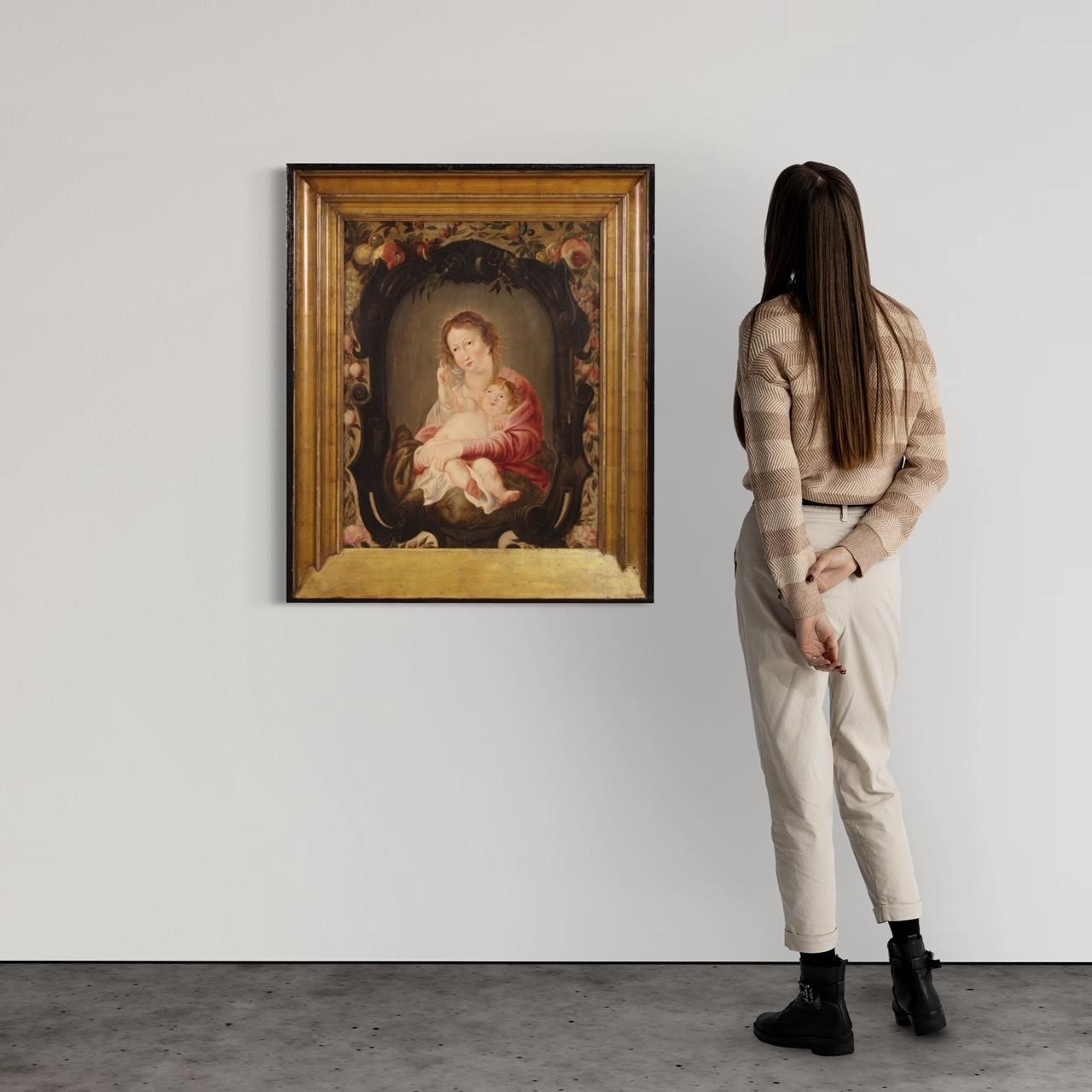 17. Jahrhundert Öl auf Platte Flämische religiöse Malerei Madonna mit Kind, 1670 im Angebot 1