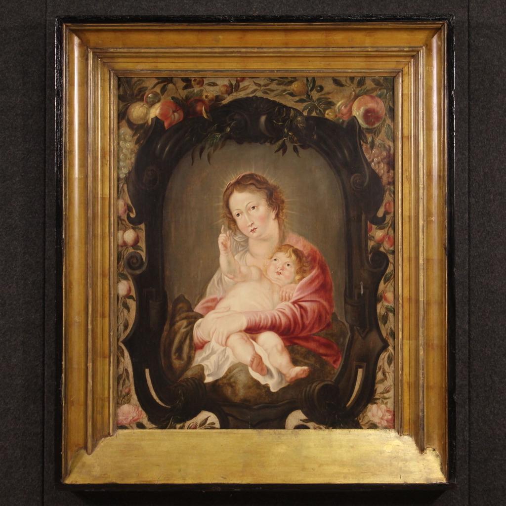 Unknown Figurative Painting – 17. Jahrhundert Öl auf Platte Flämische religiöse Malerei Madonna mit Kind, 1670
