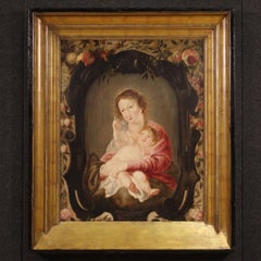 huile sur panneau du 17e siècle Peinture religieuse flamande Madone à l'enfant, 1670