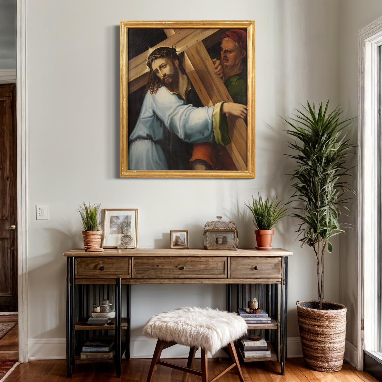 17th Century Oil on Panel Italian Religious Painting Christ Carrying the Cross in vendita 9