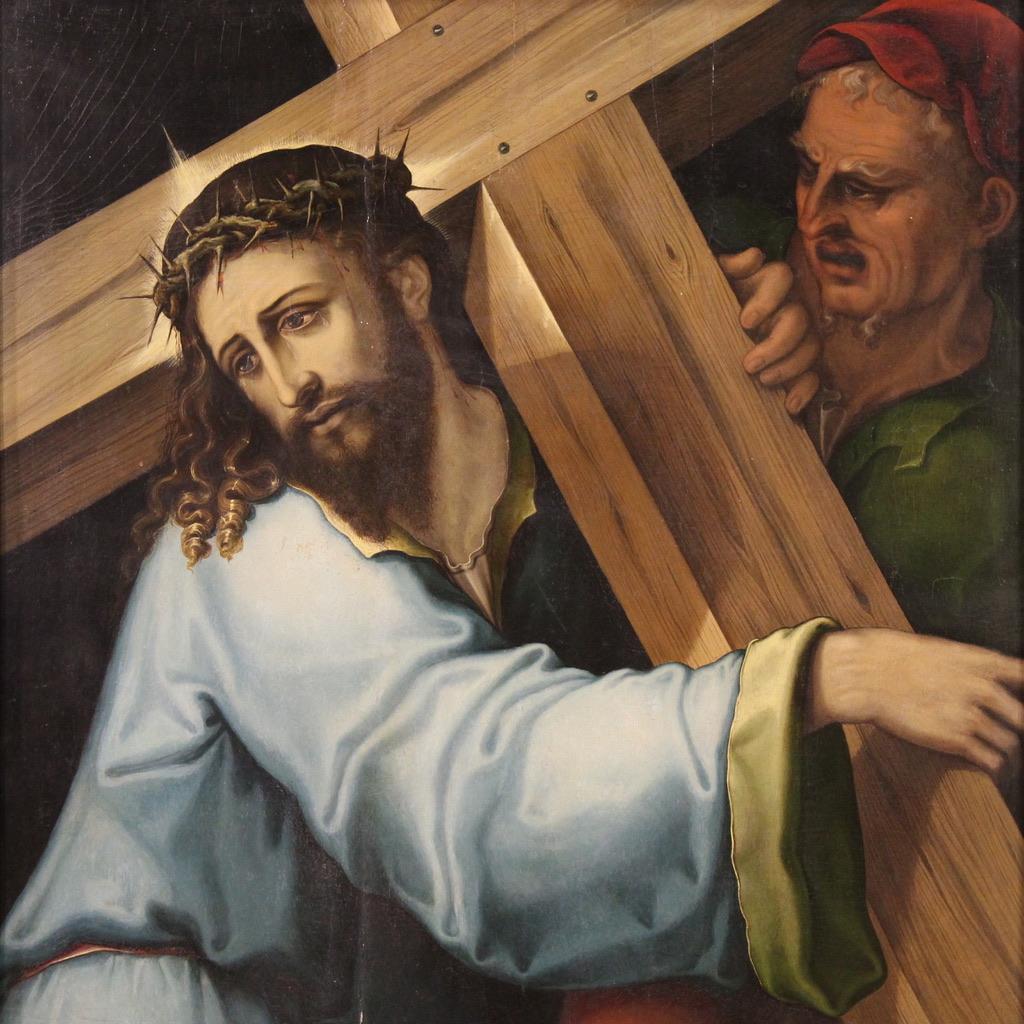 17th Century Oil on Panel Italian Religious Painting Christ Carrying the Cross in vendita 2