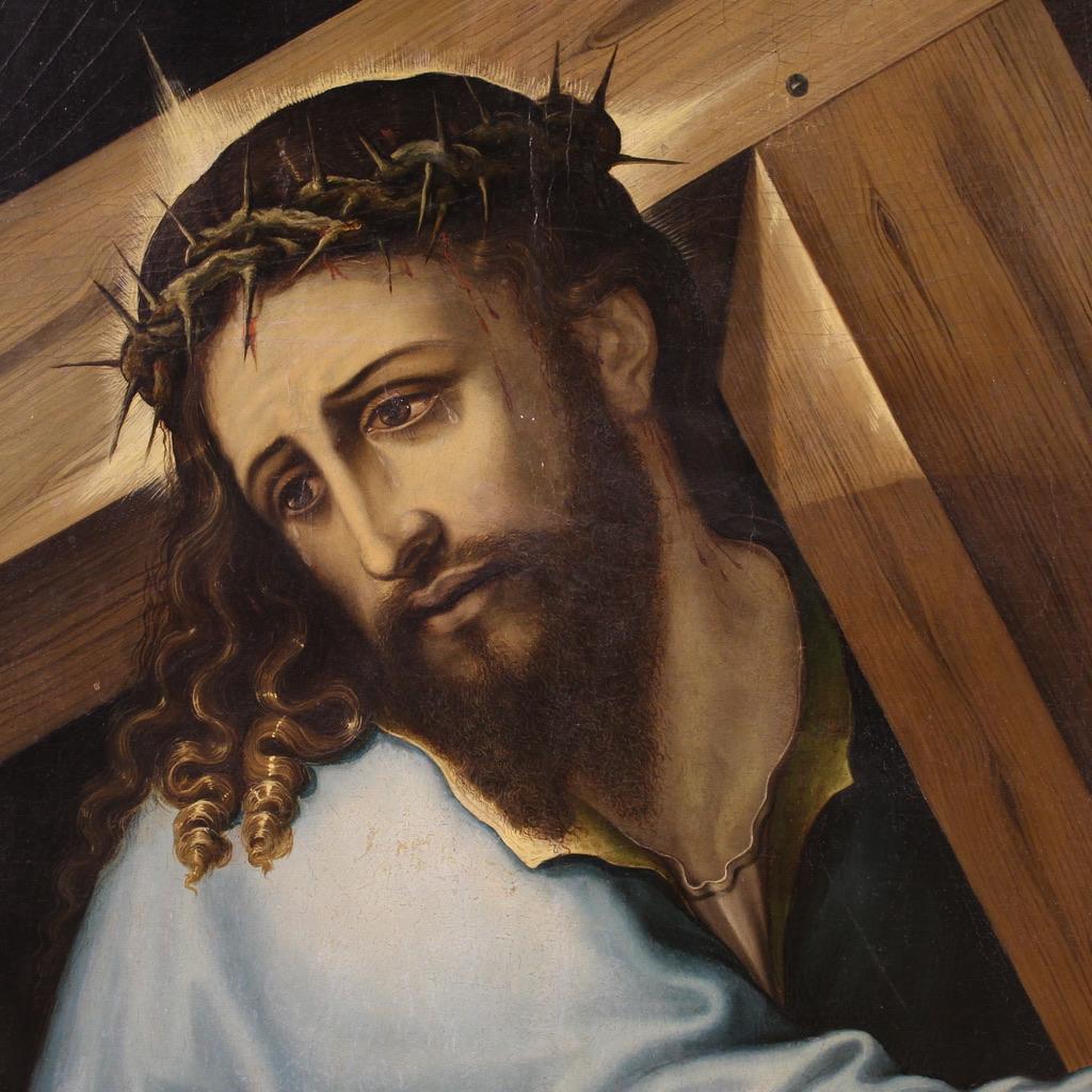 17th Century Oil on Panel Italian Religious Painting Christ Carrying the Cross in vendita 6