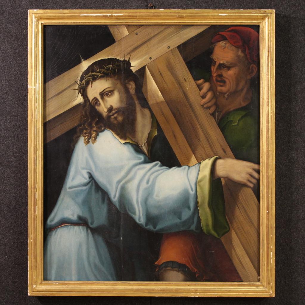 Figurative Painting di Unknown - 17th Century Oil on Panel Italian Religious Painting Christ Carrying the Cross