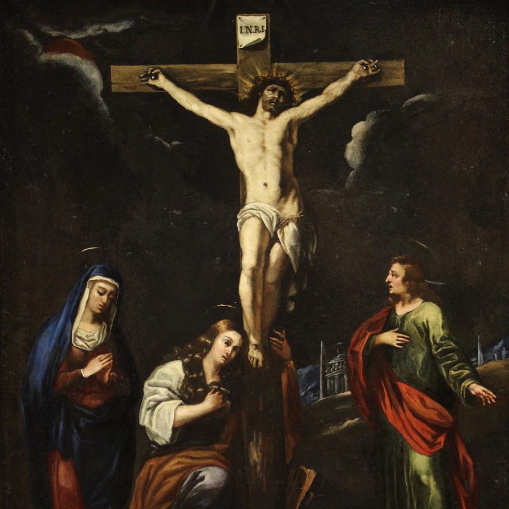siglo XVII Óleo sobre Pizarra Pintura Religiosa Antigua Italiana Crucifixión, 1670 - Figurative Painting Black de Unknown
