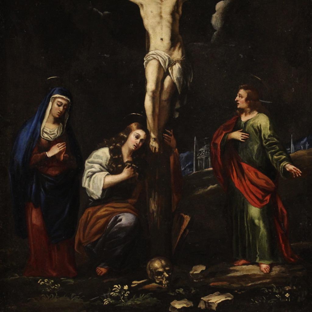 Antigua pintura italiana de la segunda mitad del siglo XVII. Obra de arte al óleo sobre pizarra difícil de encontrar dado el soporte muy raro. Cuadro de notable calidad pictórica que representa una magnífica crucifixión. En un cielo plomizo, Cristo