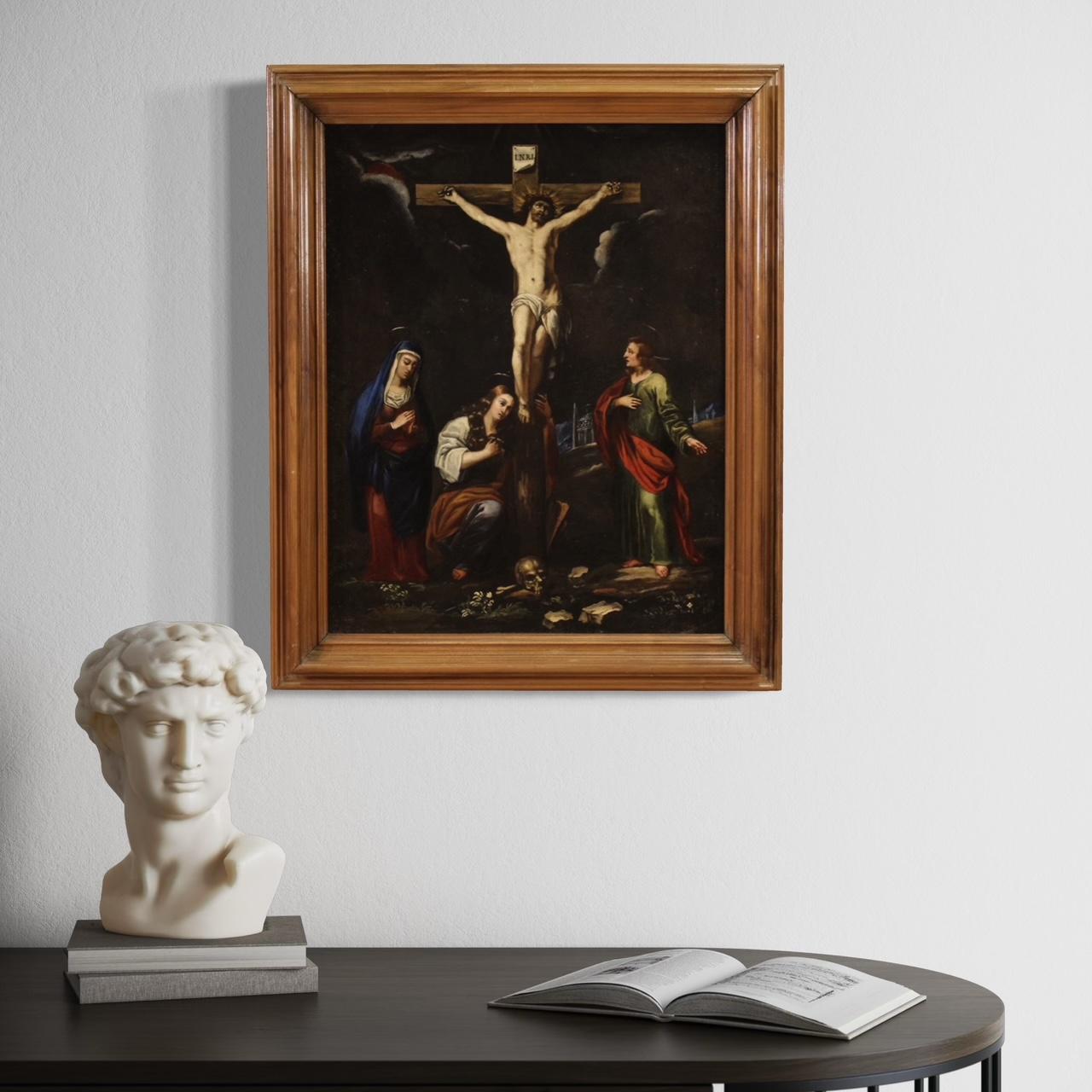 siglo XVII Óleo sobre Pizarra Pintura Religiosa Antigua Italiana Crucifixión, 1670 1