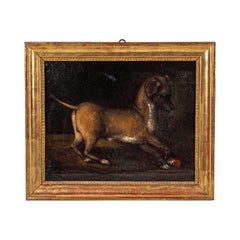 Peinture à l'huile du 17e siècle représentant un chien en train de jouer