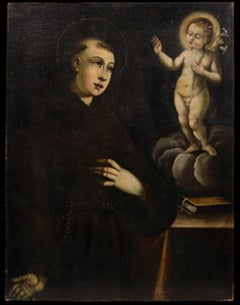 Huile du 17e siècle - Saint Antoine de Padua avec l'Enfant Jésus