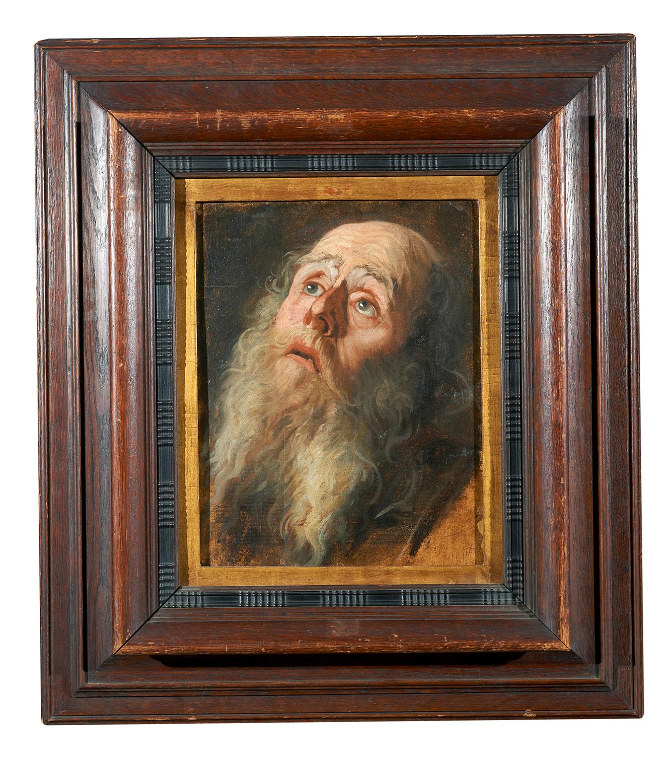 17th Century Old Head Flemish School Eyes Caravagism Oil on Canvas Yellow White - Painting by Unknown