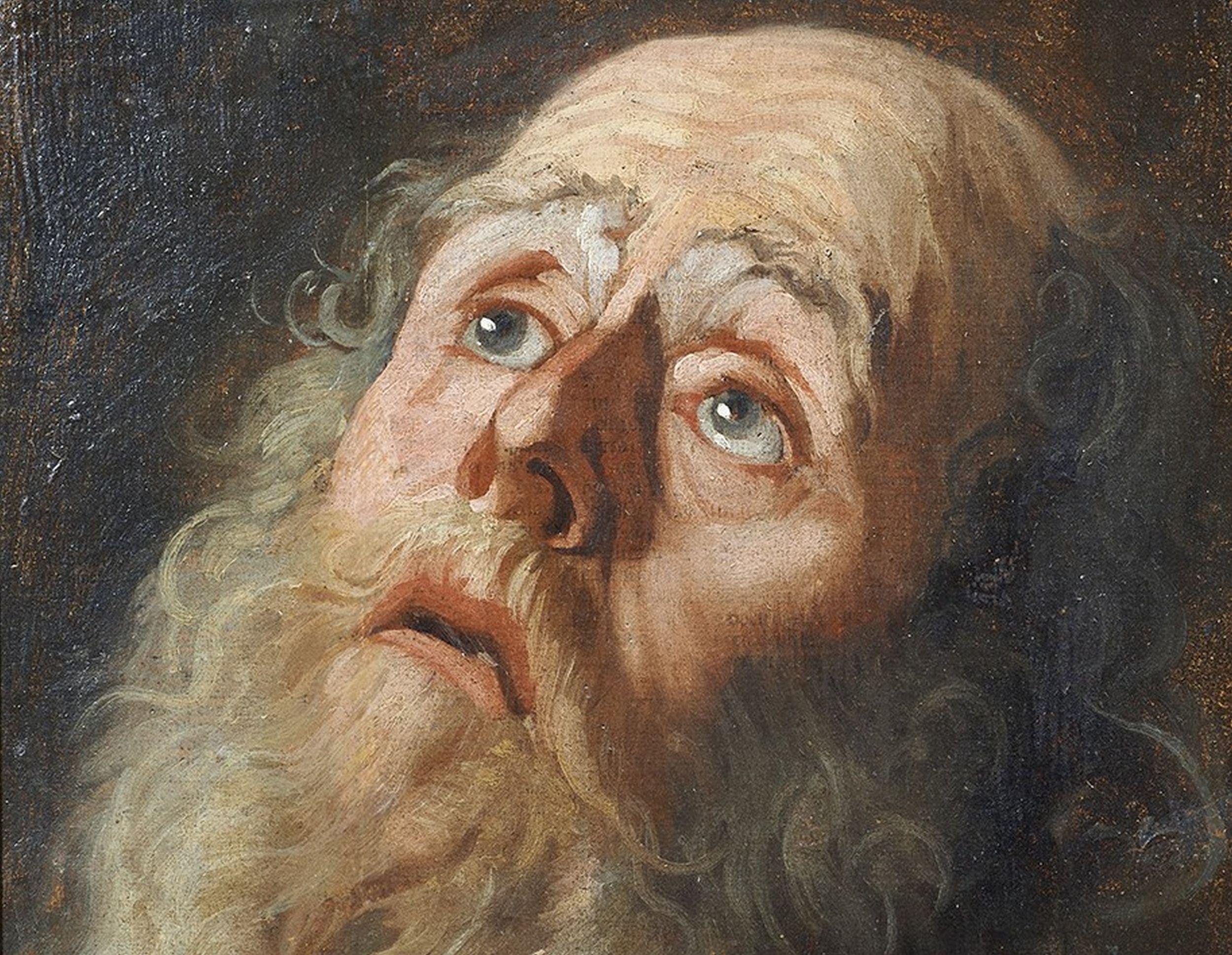 17th Century Old Head Flemish School Eyes Caravagism Oil on Canvas Yellow White For Sale 2