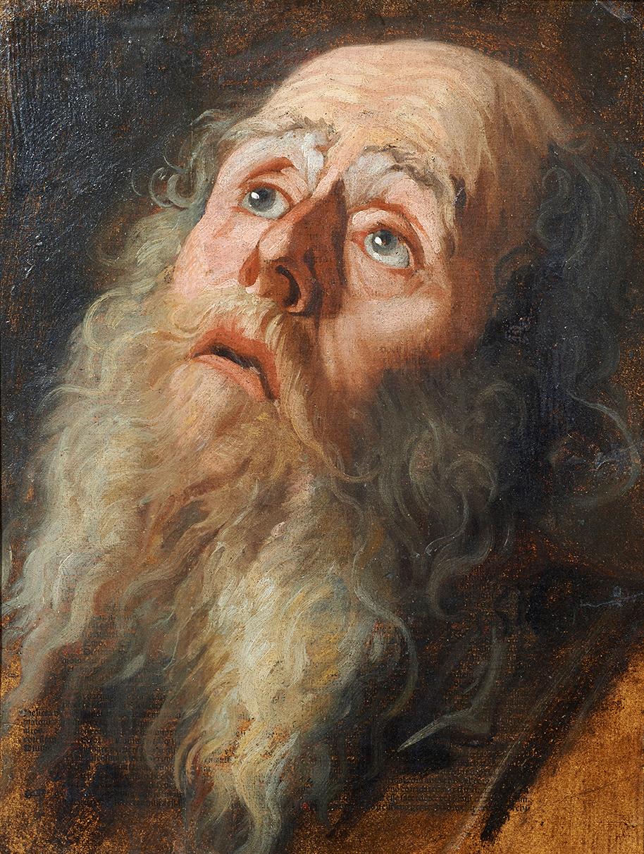 Unknown Portrait Painting - 17th Century Old Head Flemish School Eyes Caravagism Oil on Canvas Yellow White