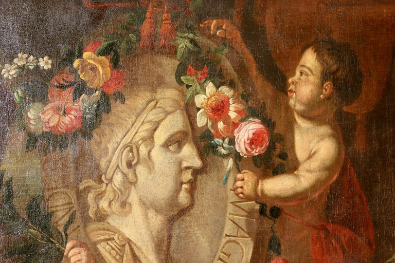 Very decorative, 17th century, old master painting, oil on canvas, King Alexander Magnus, the great.

Illustration of two children, putti, with wreaths of flowers on a board (or mausoleum) of Alexander the great.

Relined canvas.
The stretcher was