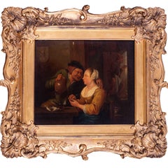 Peinture de maître ancien du 17ème siècle représentant des commerçants dans une auberge