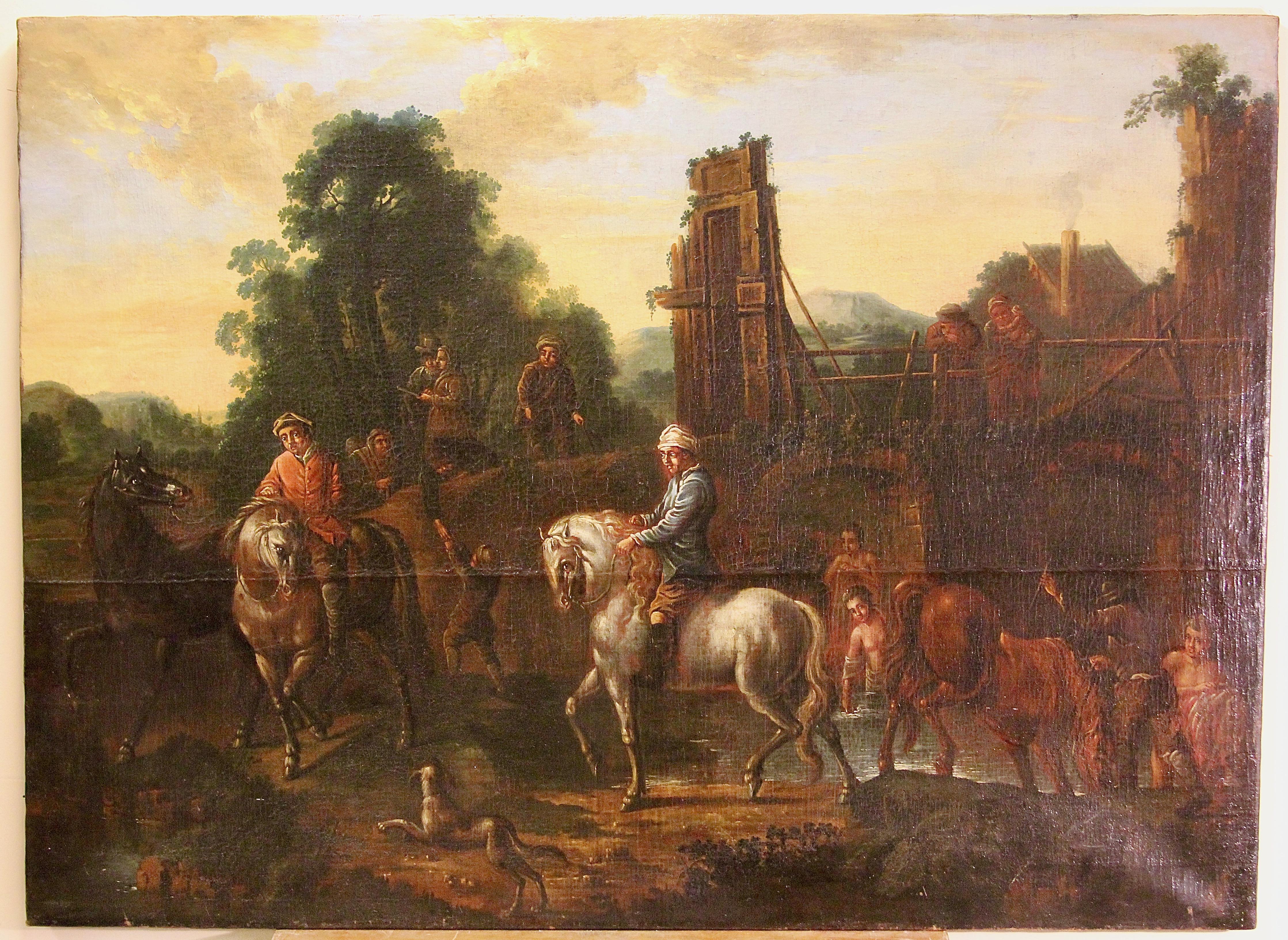 17e siècle, peinture de maîtres anciens, huile sur toile, « Le reste avec les chevaux »  - Painting de Unknown