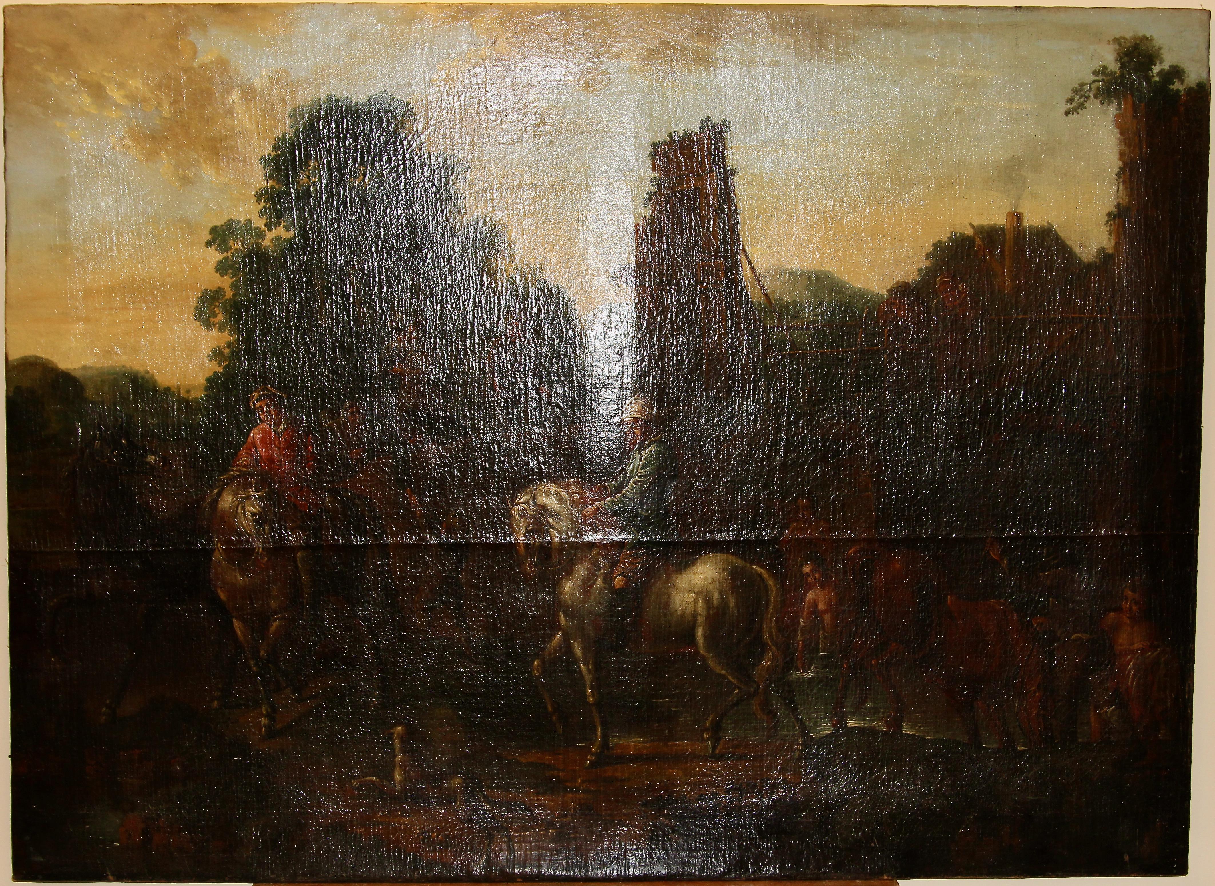 17e siècle, peinture de maîtres anciens, huile sur toile, « Le reste avec les chevaux »  - Maîtres anciens Painting par Unknown