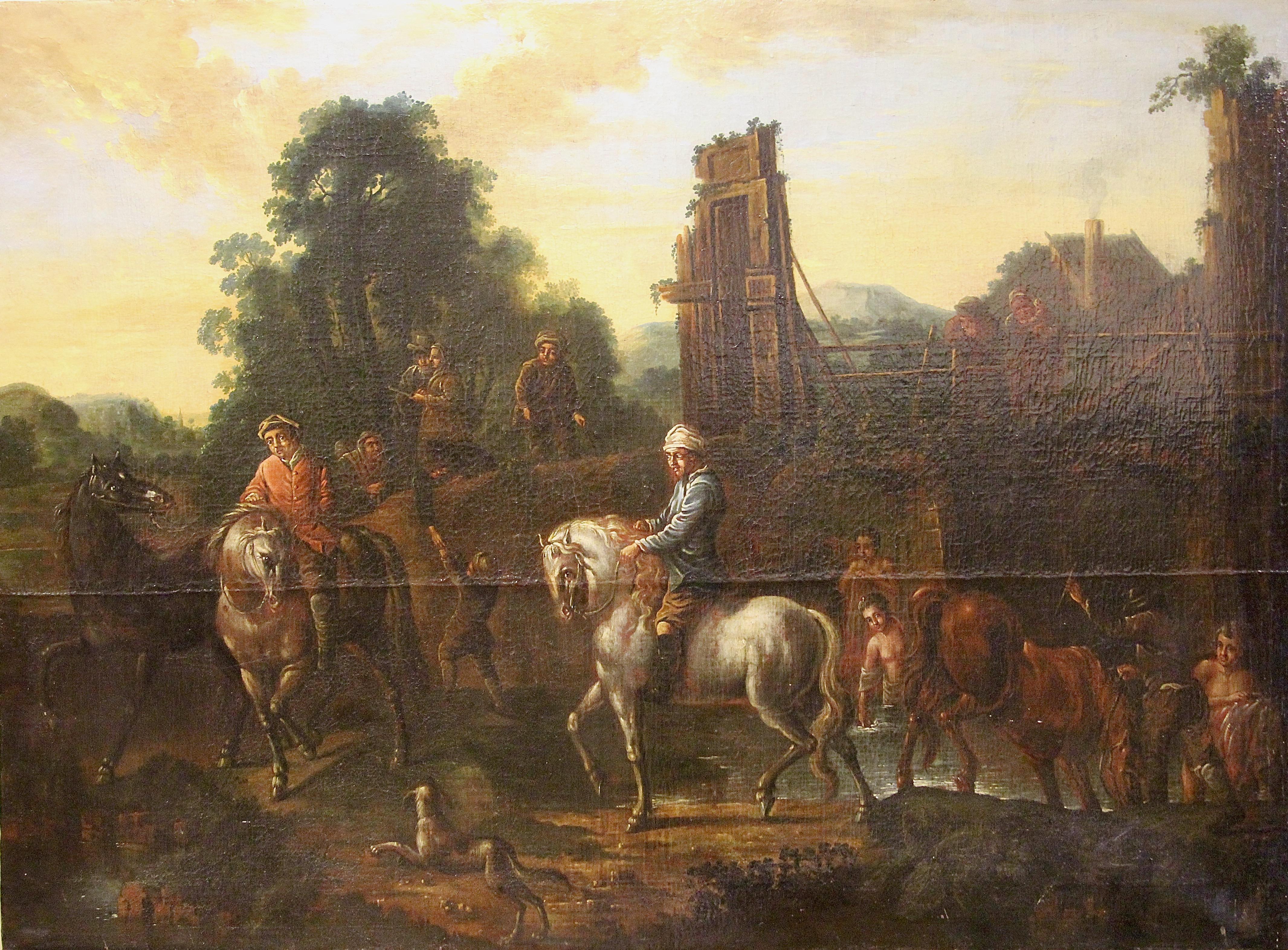 Figurative Painting Unknown - 17e siècle, peinture de maîtres anciens, huile sur toile, « Le reste avec les chevaux » 