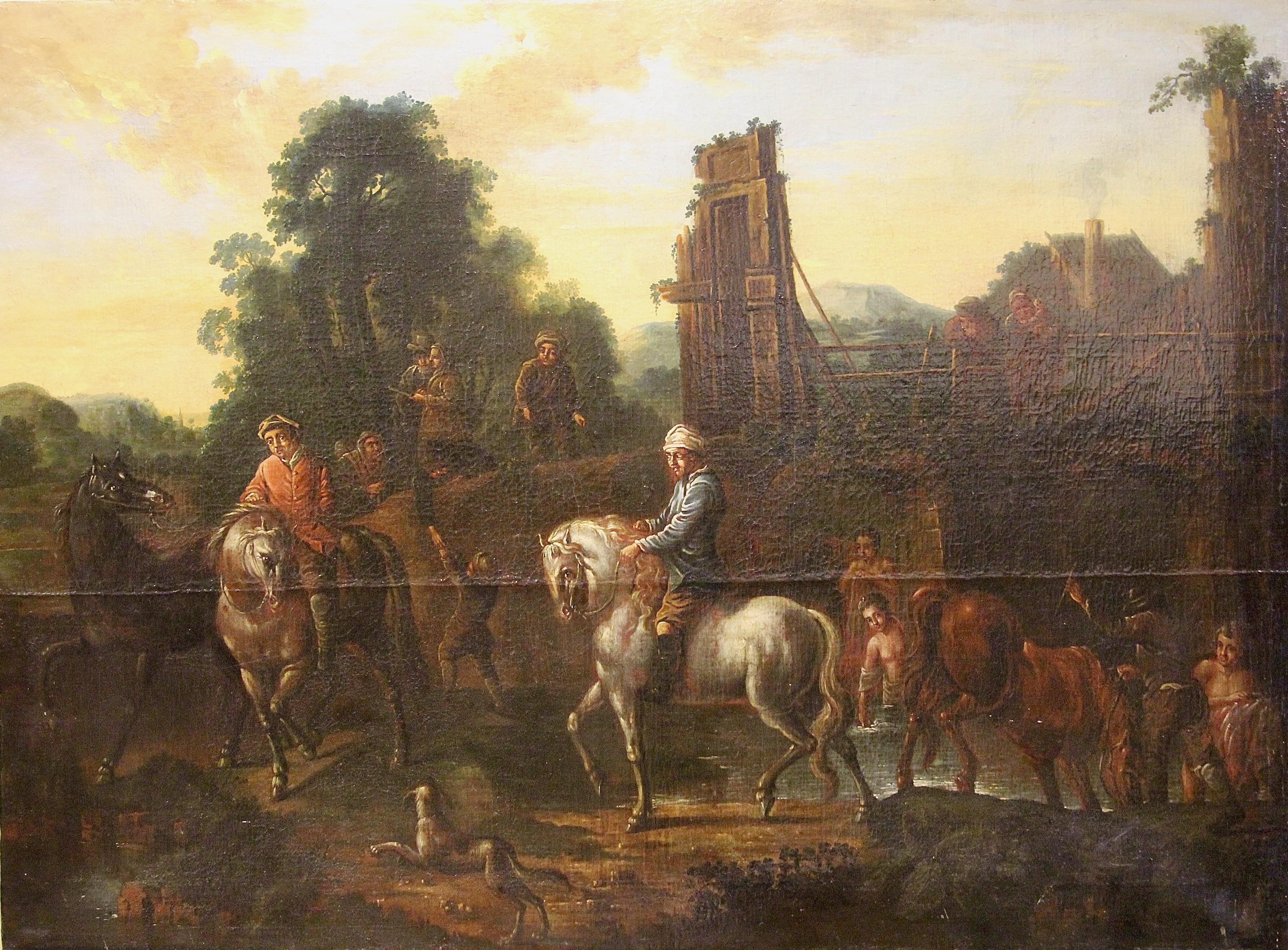 Figurative Painting di Unknown - Pittura antica del XVII secolo, Olio su tela, "Il riposo con i cavalli".