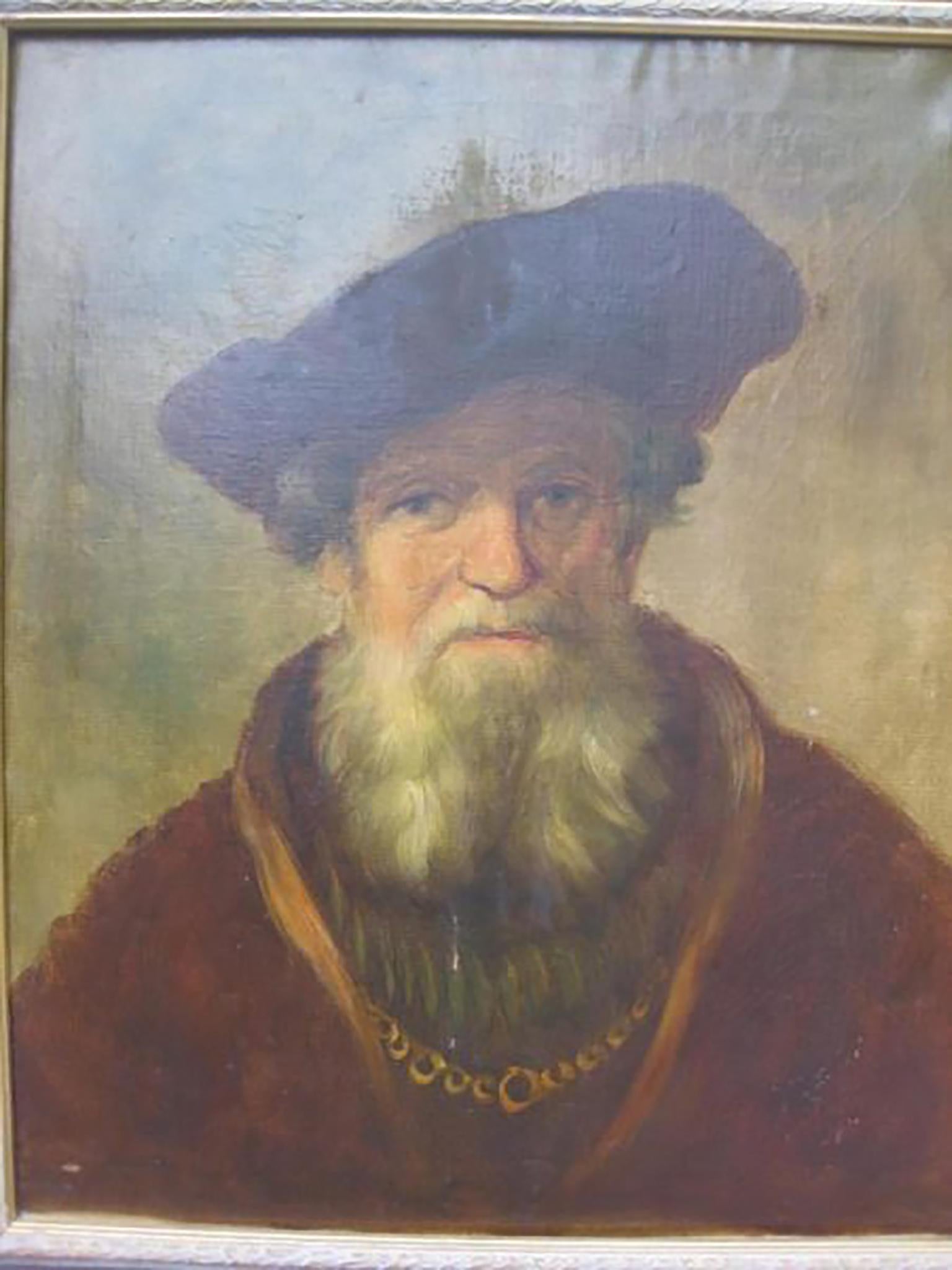 Exceptional Oil Painting attributed to the School of Rembrandt  Titled: Old man with beard and beret  Frame is modern, not original  Media: Oil on canvas (relined)  The painting is signed in the right lower corner in red paint, although signature is