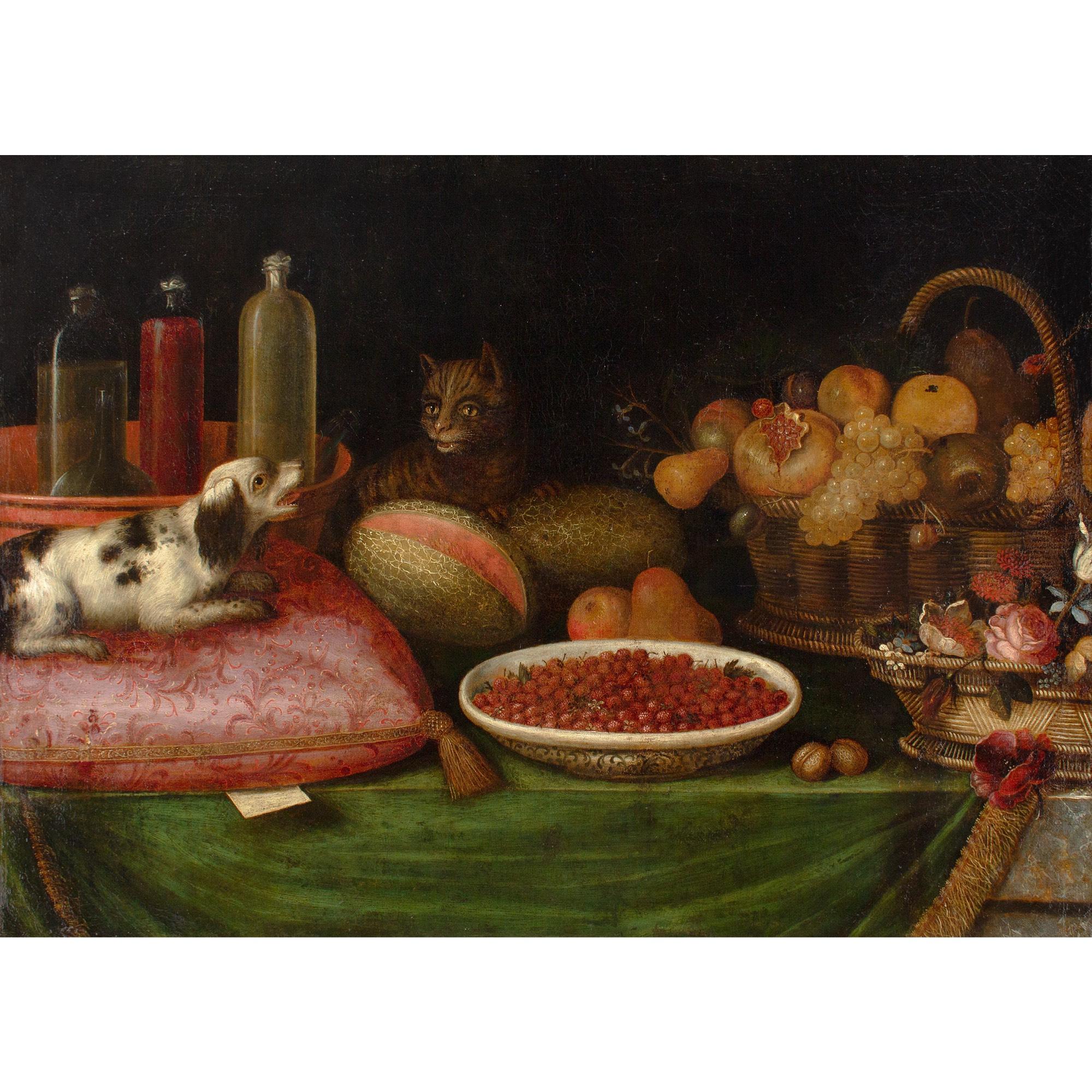 Nature morte provinciale flamande du 17e siècle avec fruits, chat, chien et fleurs - Painting de Unknown