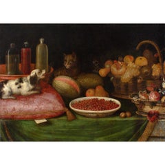 17th-Century Provincial Flemish, Still Life With Fruit, Cat, Dog & Flowers