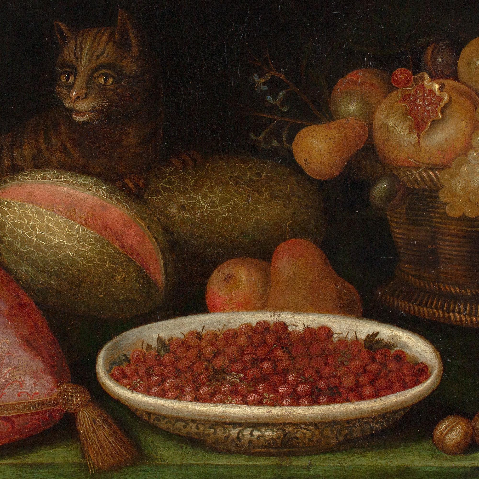 Nature morte provinciale flamande du 17e siècle avec fruits, chat, chien et fleurs 2