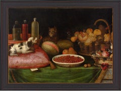 Nature morte provinciale flamande du 17e siècle avec fruits, chat, chien et fleurs