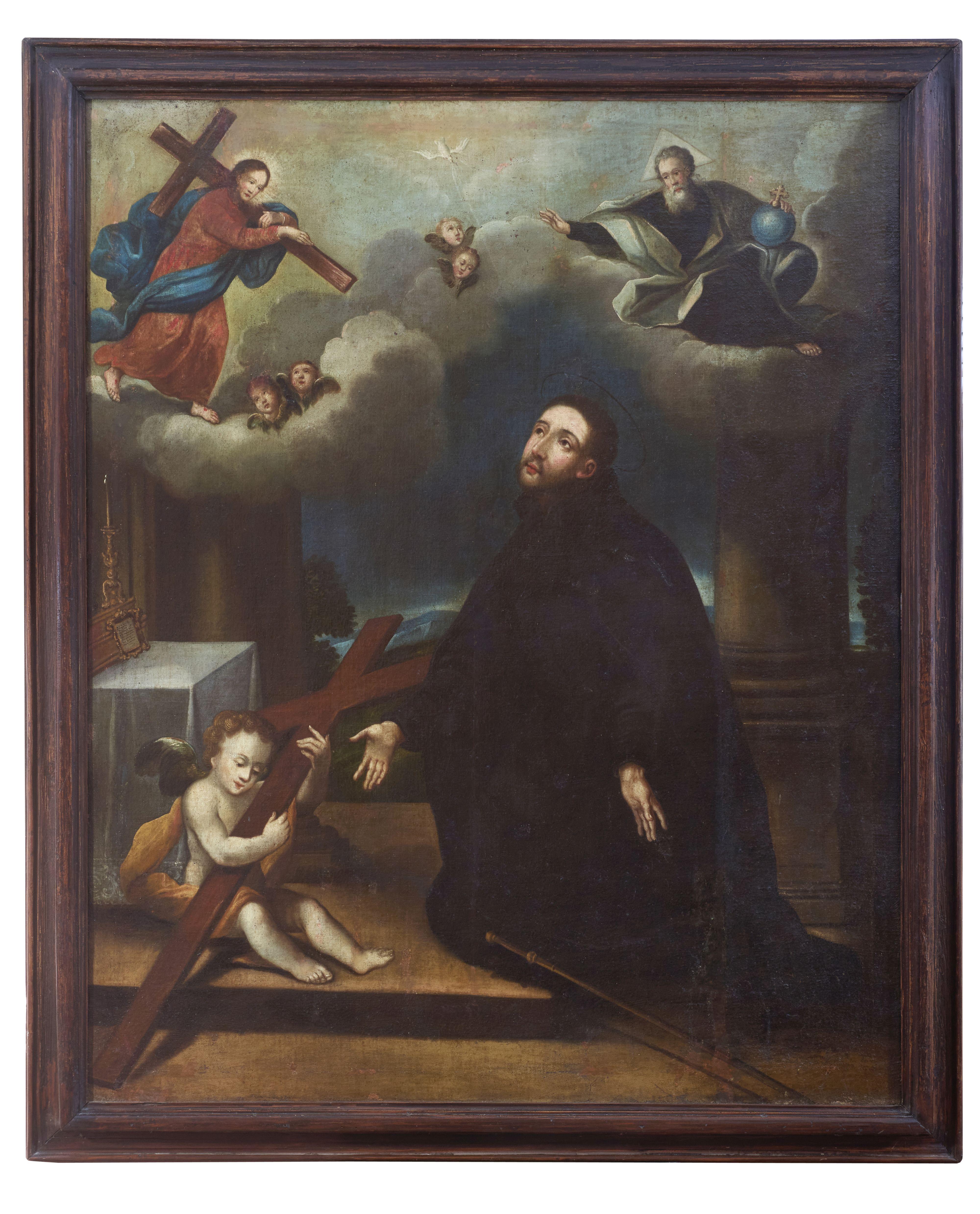 17. Jahrhundert Saint Ignatius Italienische Schule Anbetung Öl auf Leinwand Braun Orange – Painting von Unknown
