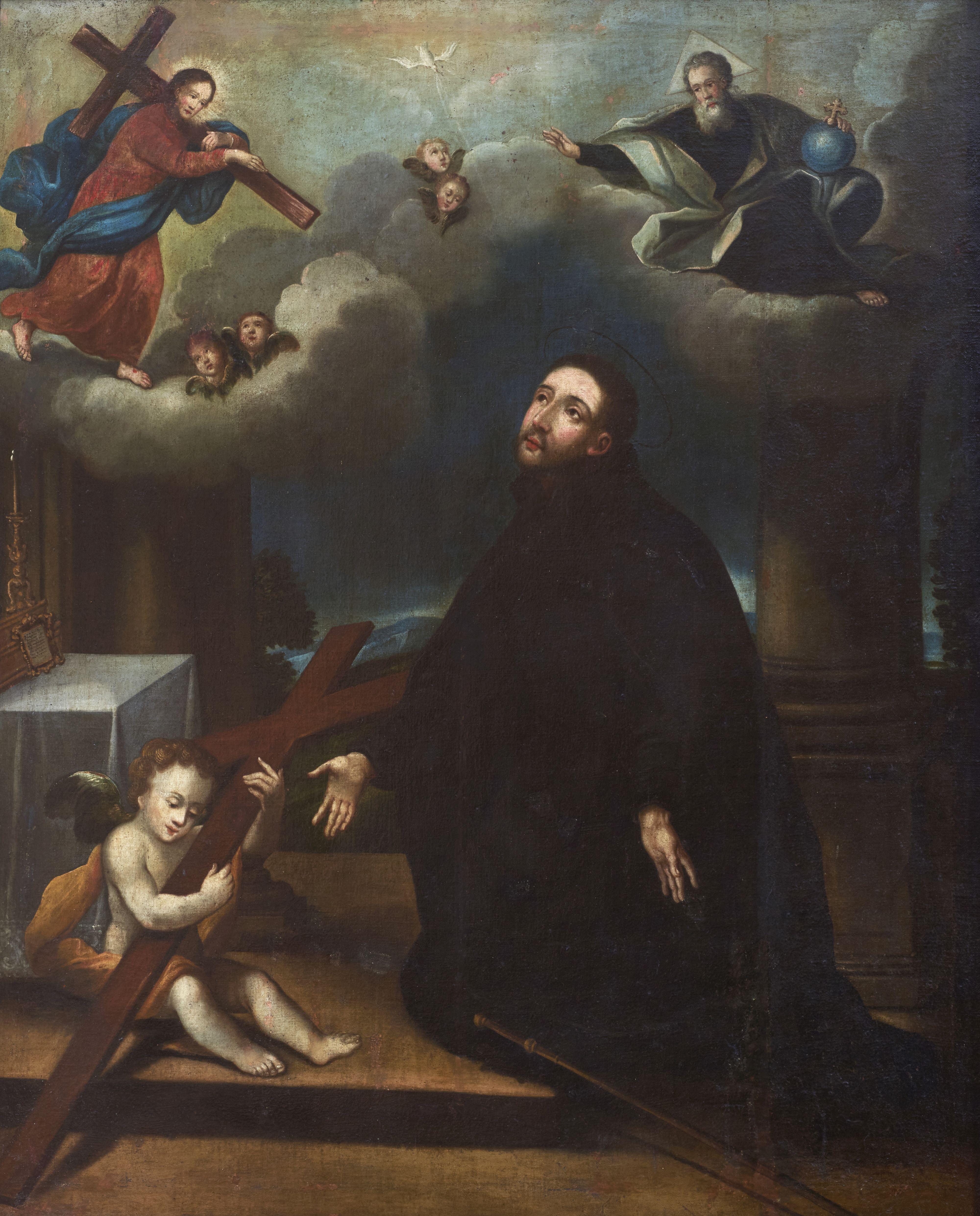 17th Century Saint Ignatius Italian School Adoration Oil on Canvas Brown Orange - Black Figurative Painting by Unknown