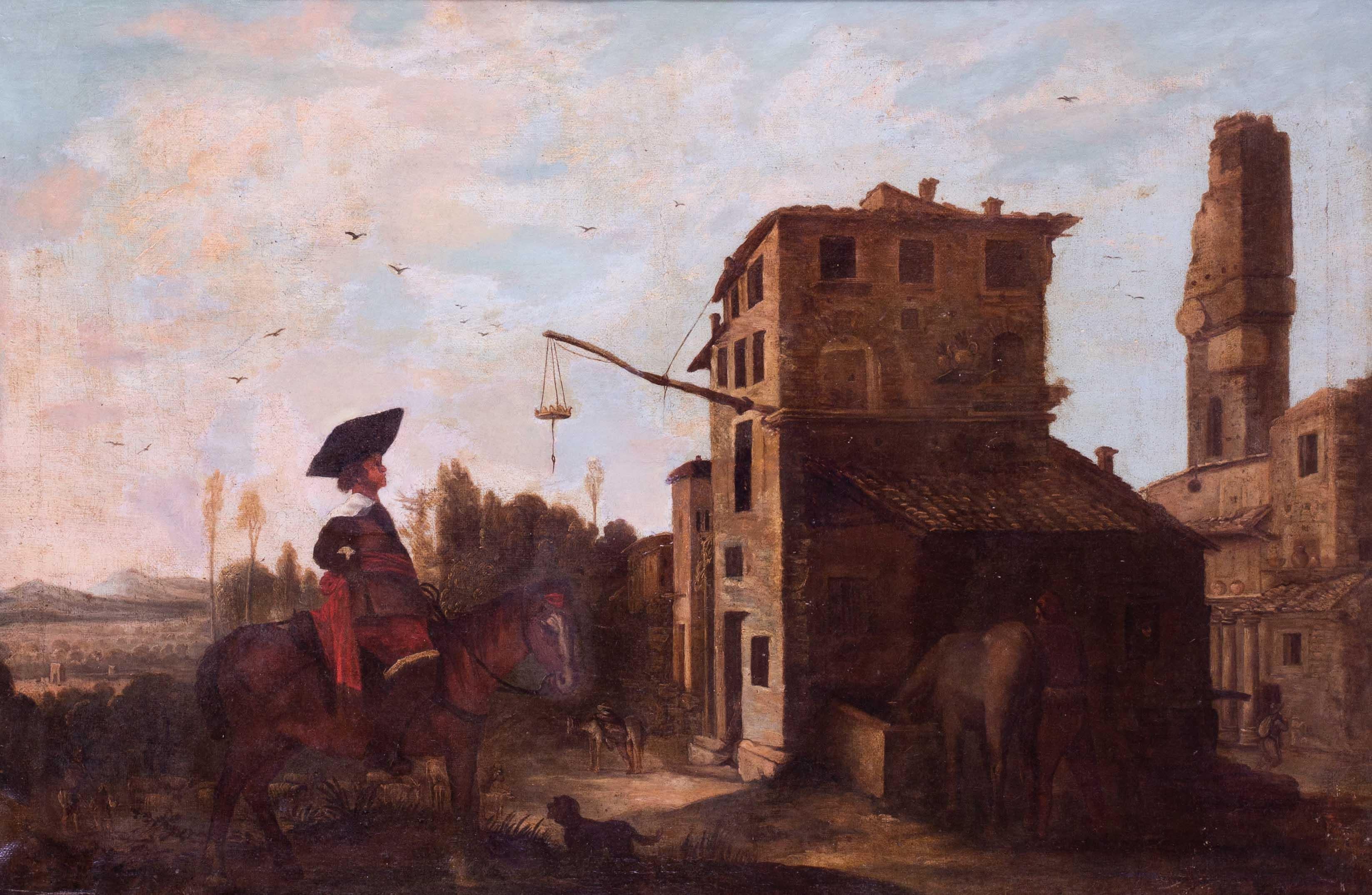 17th Century Spanish school oil painting of a soldier arriving at a village - Painting by Unknown