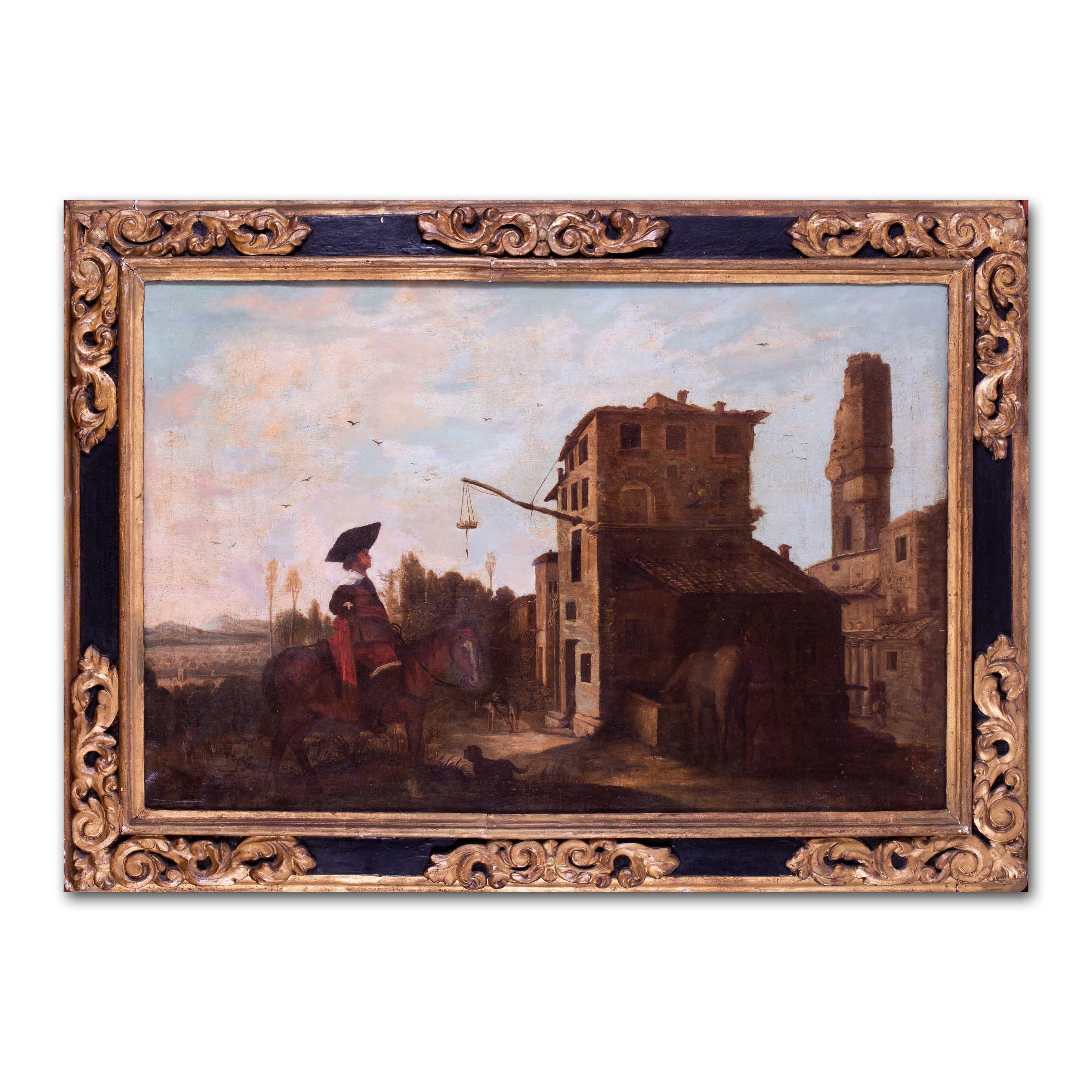 Spanish School (17th Century)
A soldier arriving at a village
Oil on canvas
29 x 43.1/4 in. (74 x 110 cm.)

Oil on canvas, not relined. Surface dirt and varnish discolouration. Various repairs. There is a line through the vertical reverting to the