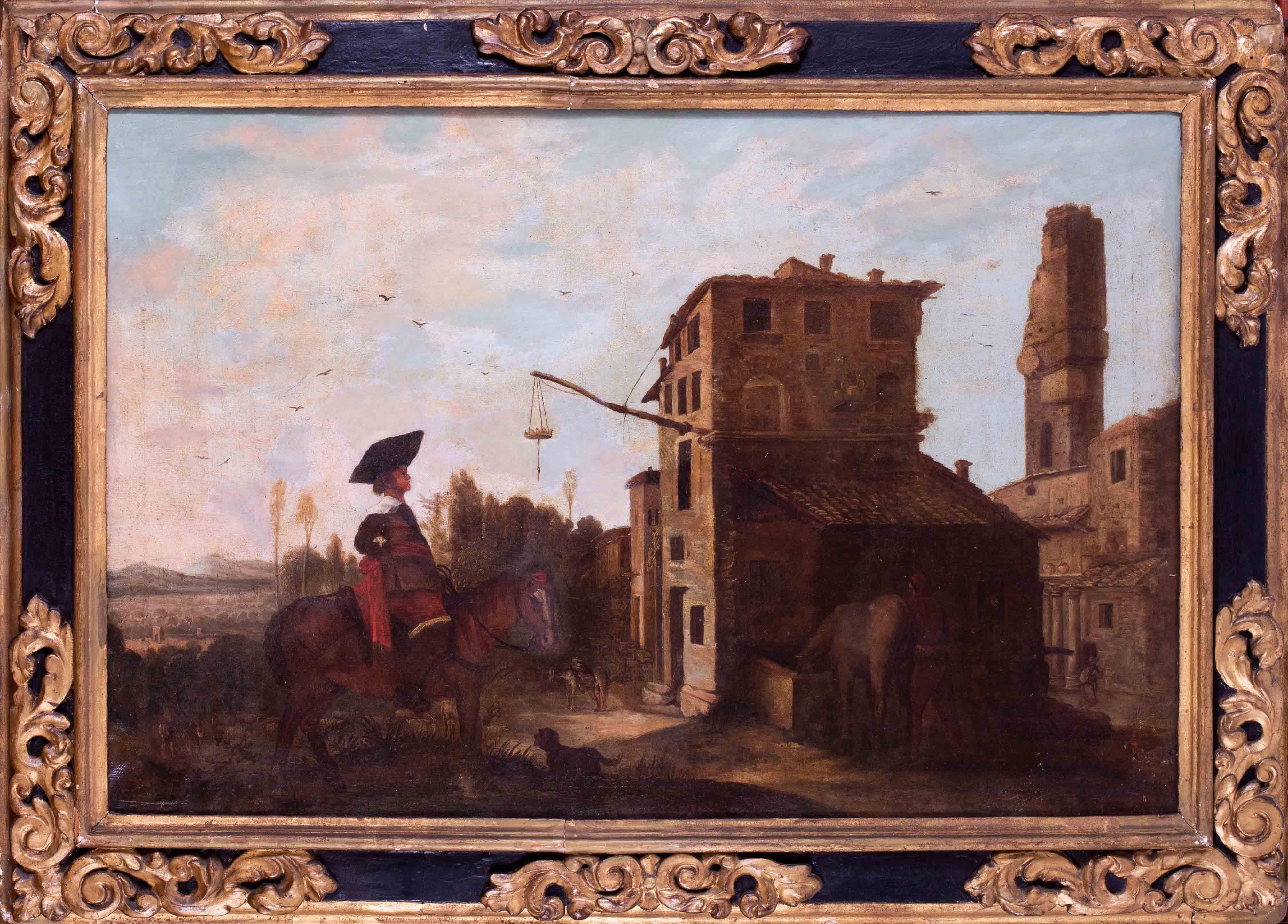 17th Century Spanish school oil painting of a soldier arriving at a village