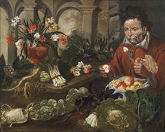 17th Century Still life Flemish Natura Morta Flowers Vegetables Oil on Canvas