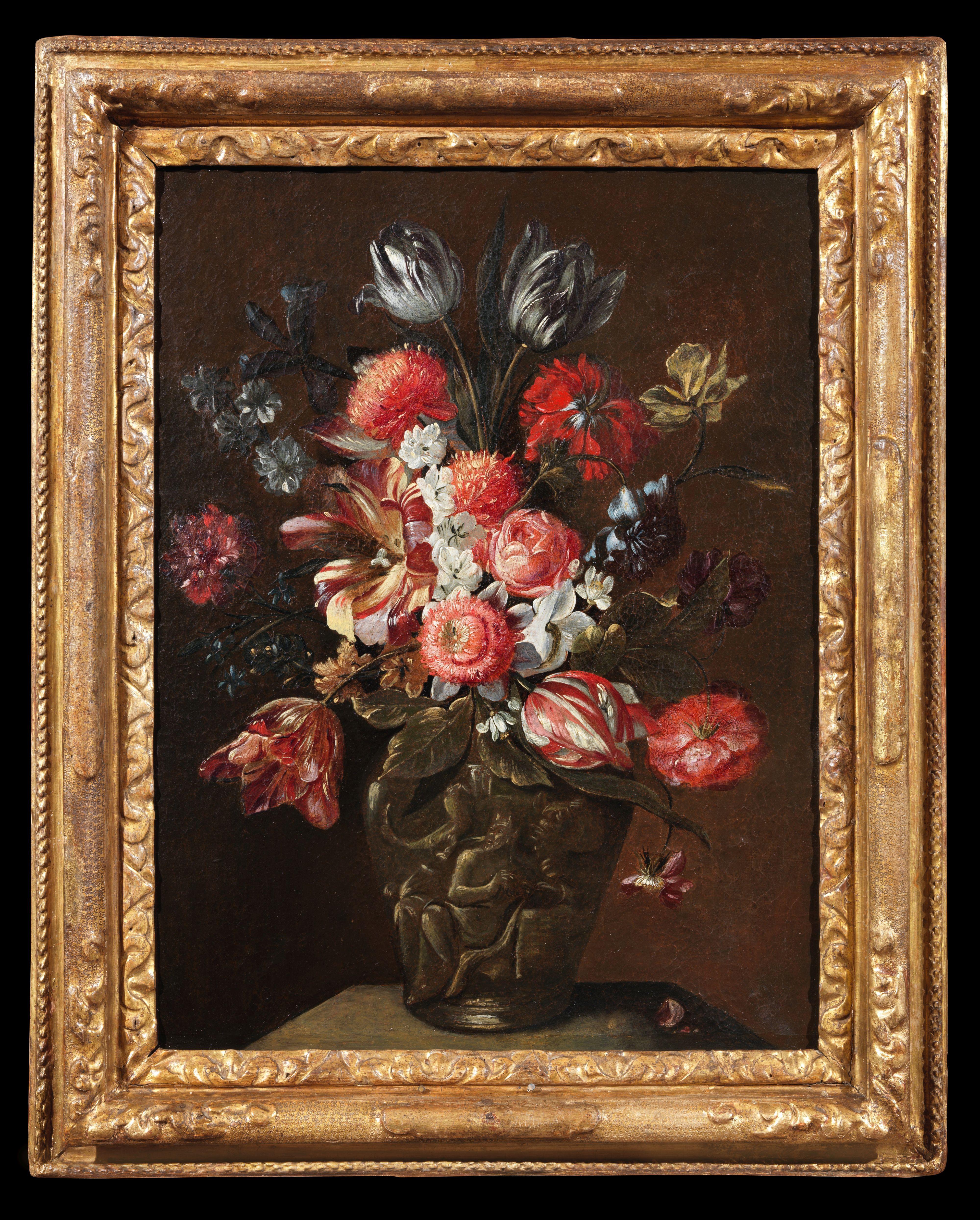 nature morte du 17e siècle Fleurs de l'école flamande Huile sur toile Noir Rose Bleu - Painting de Unknown