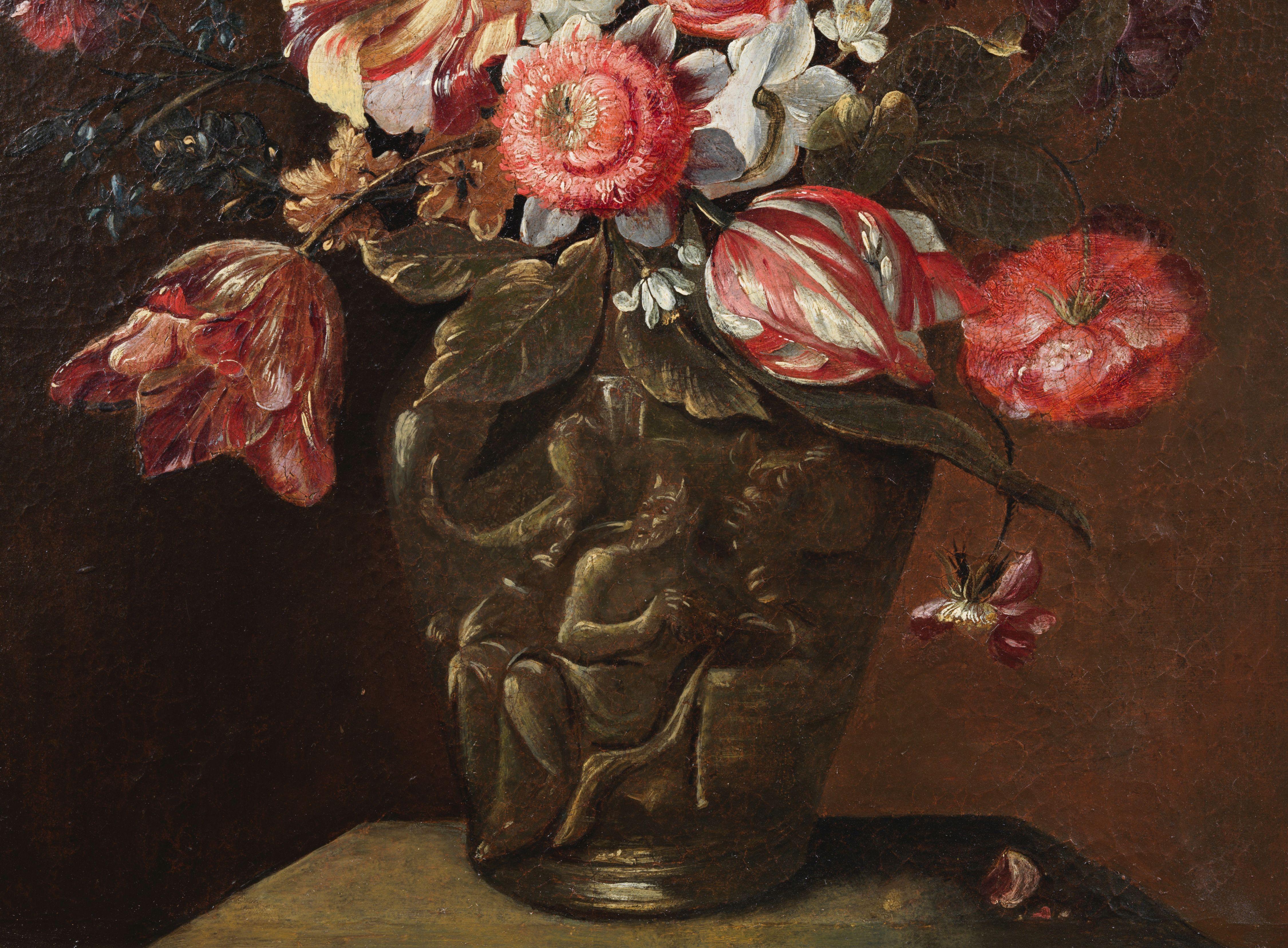 nature morte du 17e siècle Fleurs de l'école flamande Huile sur toile Noir Rose Bleu - École flamande Painting par Unknown