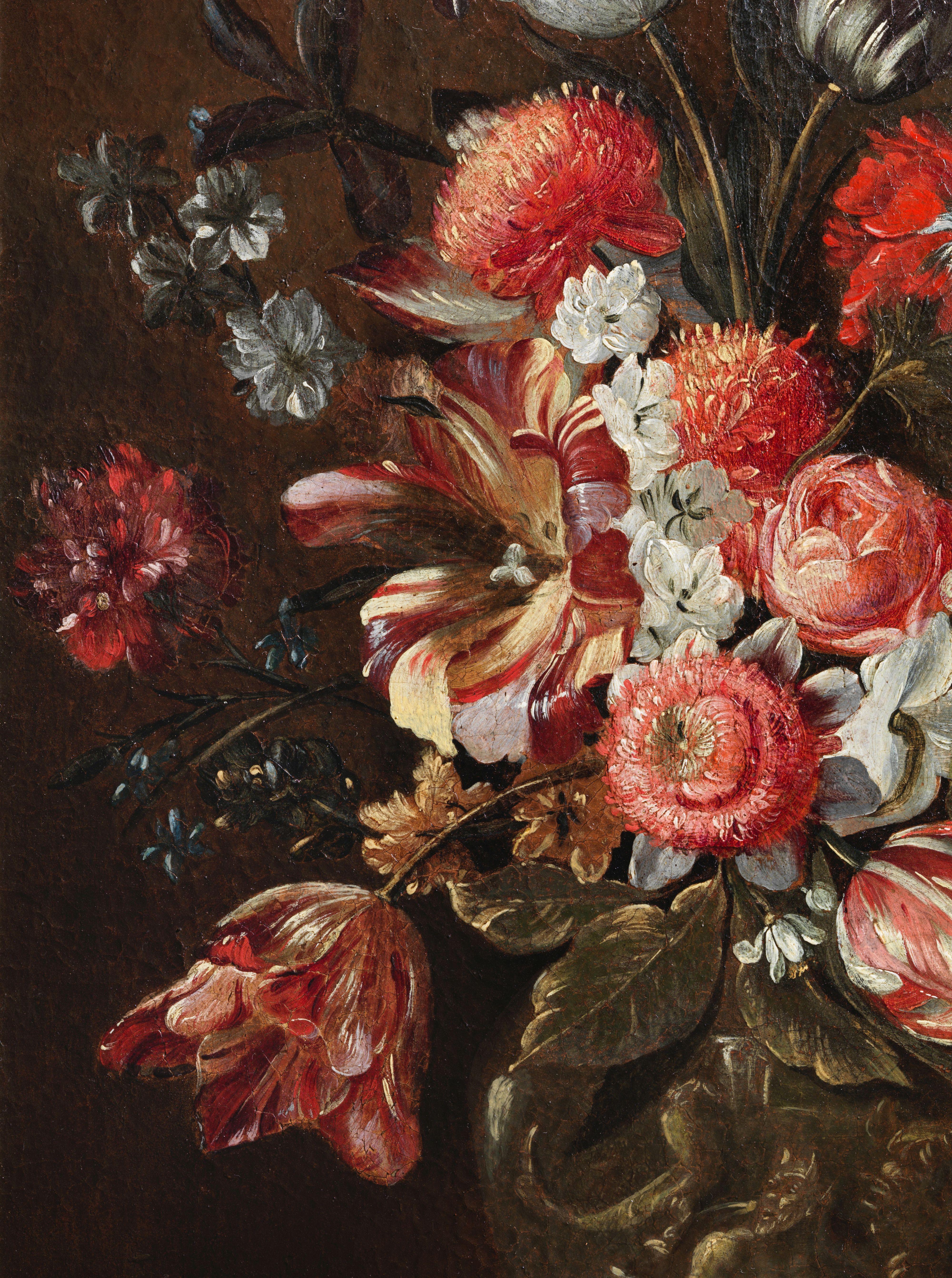 nature morte du 17e siècle Fleurs de l'école flamande Huile sur toile Noir Rose Bleu - Black Still-Life Painting par Unknown