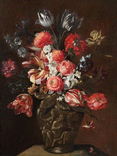 Antique 17th Century Still Life Flemish School Flowers Oil on Canvas Black Pink Blue
